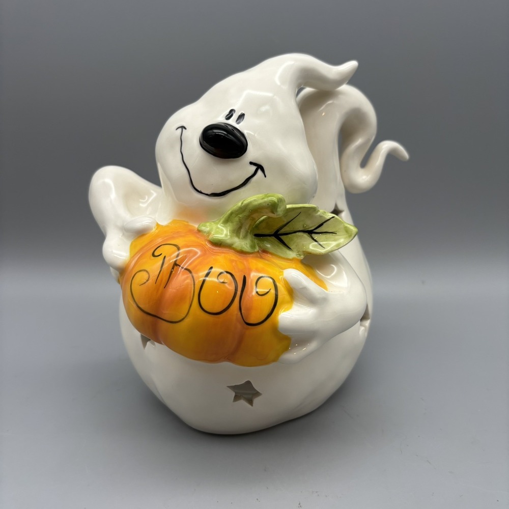 Blue Sky Clayworks Halloween Ghost Holding BOO Pumpkin Tealight Candle Holder